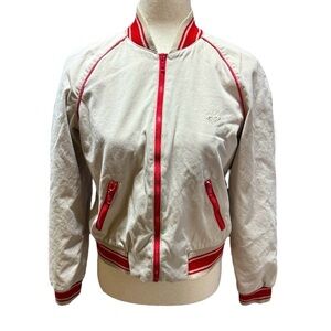 Roxy Vintage Y2K Khaki Red Bomber Jacket Size Medium Cotton Lined Zip Up Stripes